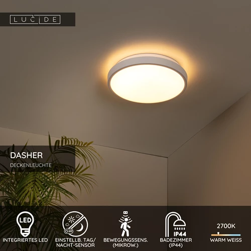 Lucide DASHER - Deckenleuchte Badezimmer - Ø 29,3 cm - LED - 1x12W 2700K - IP44 - Bewegung und Tag/Nacht-Sensor - Weiß - USP